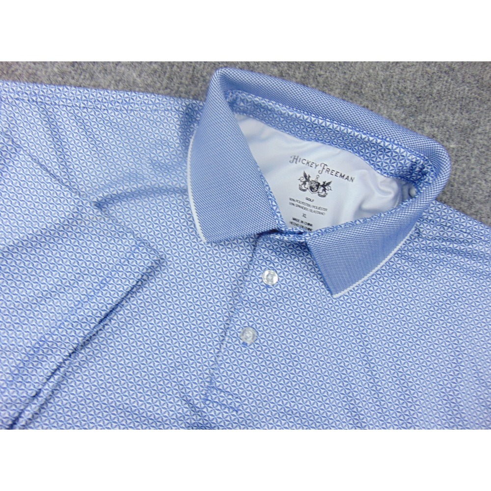 Hickey Freeman Golf Polo Shirt Mens XL Blue Geometric 90% Polyester 10% Spandex
